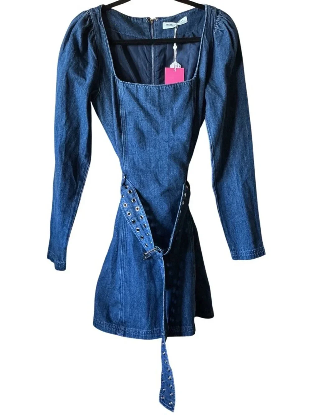 Amanda Uprichard Thalia Denim Dress With Eyelet Belt In Blue Small New With Tags